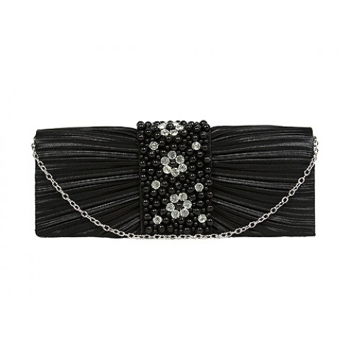 Evening Bag - Satin w/ Pleated & Beaded Flap – Black – BG-100274B